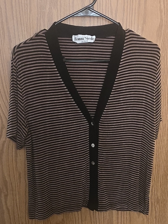 Ronni Nicole Tops - Ronni Nicole Striped Short Sleeve Cardigan - Brown & Black